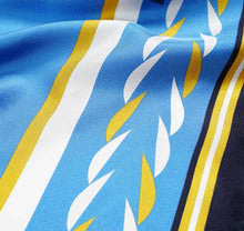 Load image into Gallery viewer, Sustainably handcrafted Sésam capri foulard gold and blue italian silk twill scarf close up