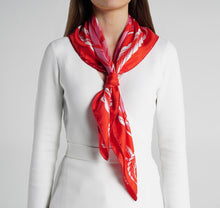 Load image into Gallery viewer, Queen Foulard Rouge and Rose Silk Scarf on model