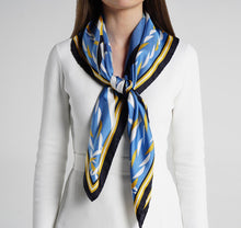 Load image into Gallery viewer, Capri Foulard Gold and Blue Silk Scarf on model womens scarves