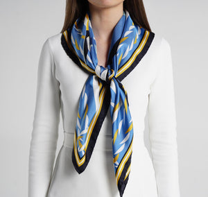 Capri Foulard Gold and Blue Silk Scarf on model womens scarves
