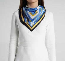 Load image into Gallery viewer, Capri Foulard Gold and Blue Silk Scarf on model