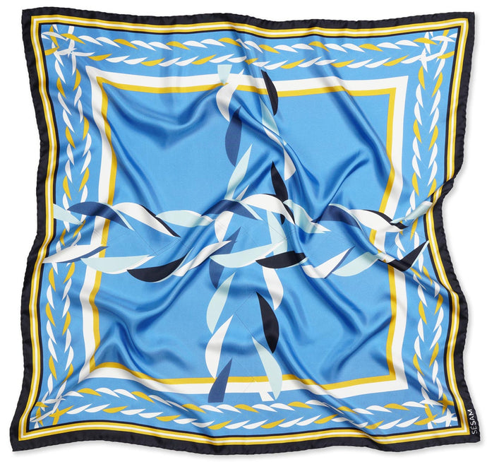 Capri Foulard Gold and Blue Womens Square Silk Twill Scarves