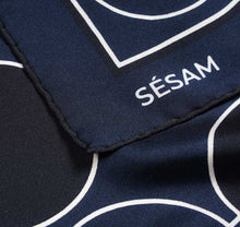 Load image into Gallery viewer, Sustainably handcrafted Sésam Motif navy italian silk twill scarf design closeup
