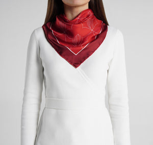 Sesam Motif Burgundy Silk Scarf on model womens scarves