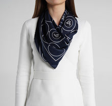 Load image into Gallery viewer, Sesam Motif Navy Silk Scarf on model womens scarves