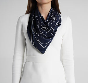 Sesam Motif Navy Silk Scarf on model womens scarves
