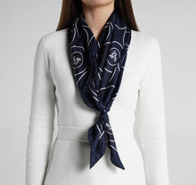 Load image into Gallery viewer, Sesam Motif Navy Silk Scarf on model